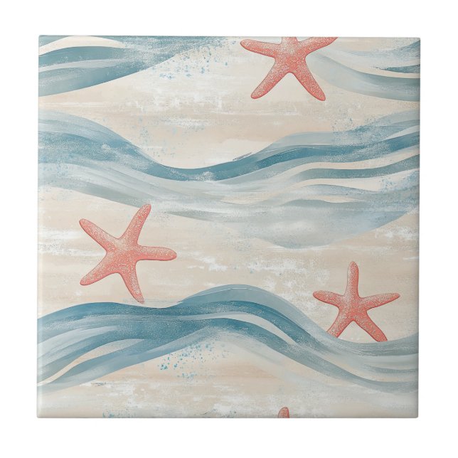 Coastal Starfish on Aqua Sand Waves Pattern (2) Ceramic Tile (Front)