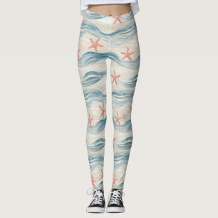 Coastal Starfish on Aqua Sand Waves Pattern (2) Leggings
