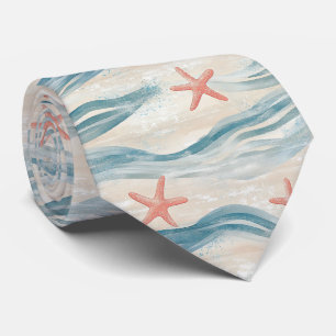 Coastal Starfish on Aqua Sand Waves Pattern (2) Neck Tie