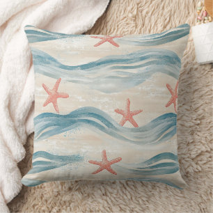 Coastal Starfish on Aqua Sand Waves Pattern (2) Throw Pillow