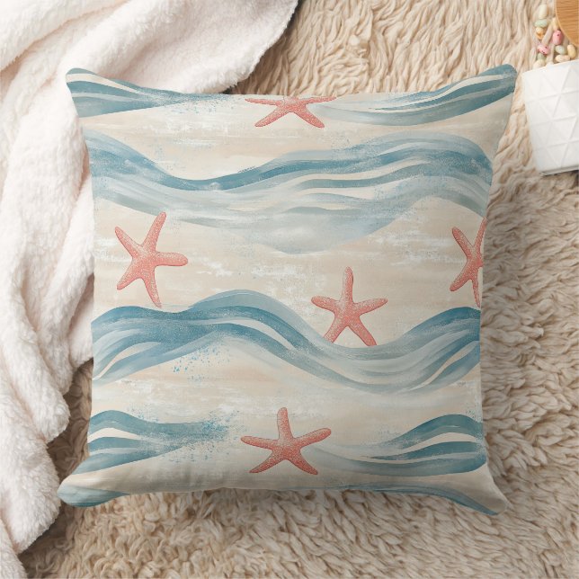 Coastal Starfish on Aqua Sand Waves Pattern (2) Throw Pillow (Blanket)