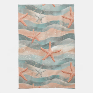Coastal Starfish on Aqua Sand Waves Pattern (3) Kitchen Towel