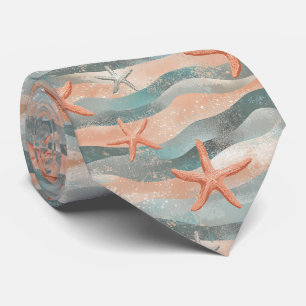 Coastal Starfish on Aqua Sand Waves Pattern (3) Neck Tie