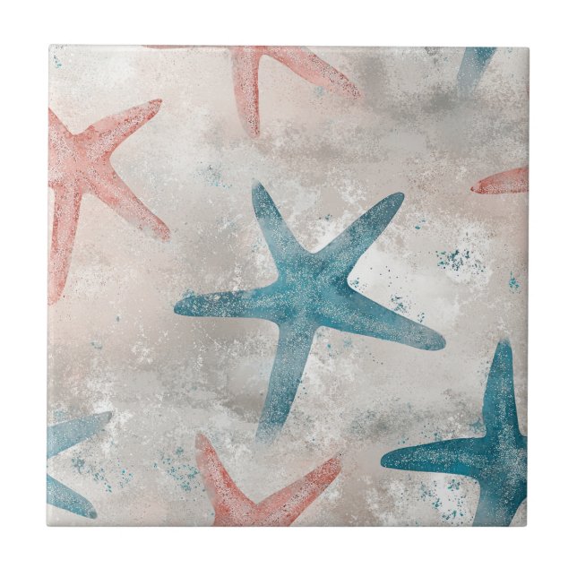 Coastal Starfish on Aqua Sand Waves Pattern (4) Ceramic Tile (Front)