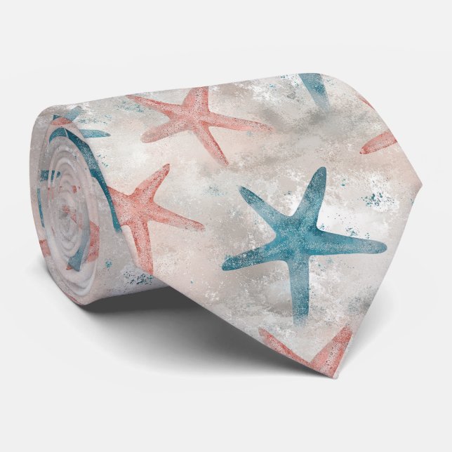 Coastal Starfish on Aqua Sand Waves Pattern (4) Neck Tie (Rolled)