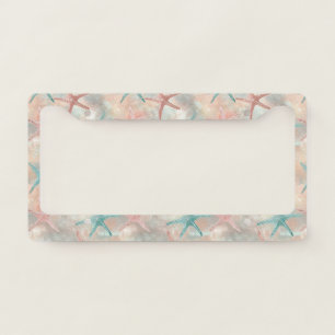 Coastal Starfish on Aqua Sand Waves Pattern (5) License Plate Frame