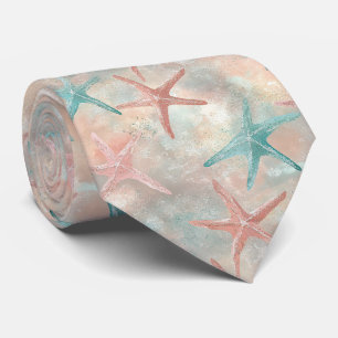 Coastal Starfish on Aqua Sand Waves Pattern (5) Neck Tie