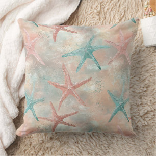 Coastal Starfish on Aqua Sand Waves Pattern (5) Throw Pillow