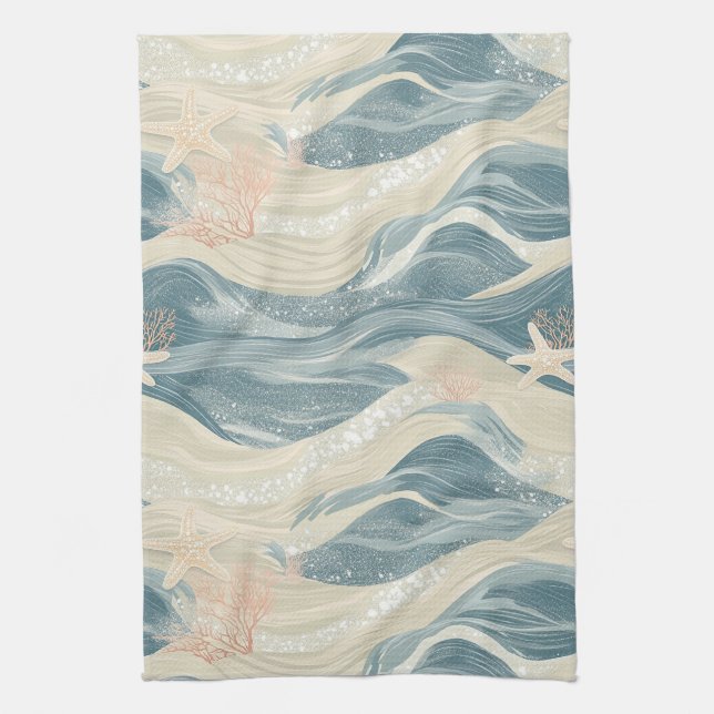 Coastal Starfish on Aqua Sand Waves Pattern (6) Kitchen Towel (Vertical)