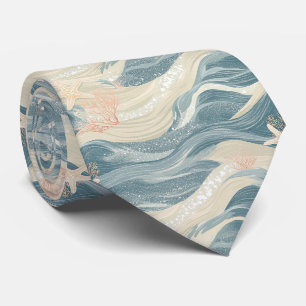 Coastal Starfish on Aqua Sand Waves Pattern (6) Neck Tie