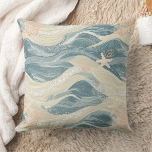 Coastal Starfish on Aqua Sand Waves Pattern (6) Throw Pillow