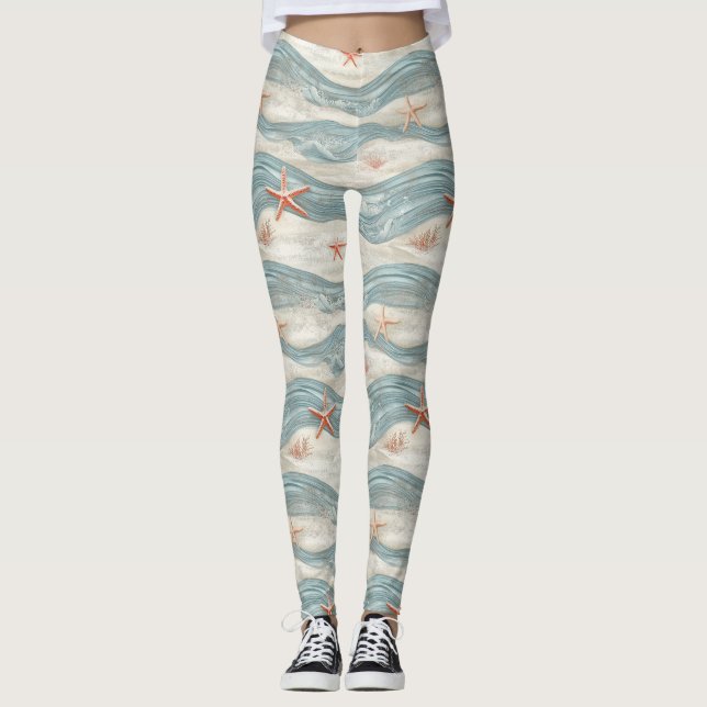 Coastal Starfish on Aqua Sand Waves Pattern (7) Leggings (Front)