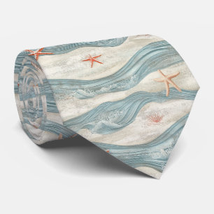 Coastal Starfish on Aqua Sand Waves Pattern (7) Neck Tie