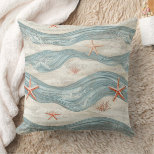 Coastal Starfish on Aqua Sand Waves Pattern (7) Throw Pillow