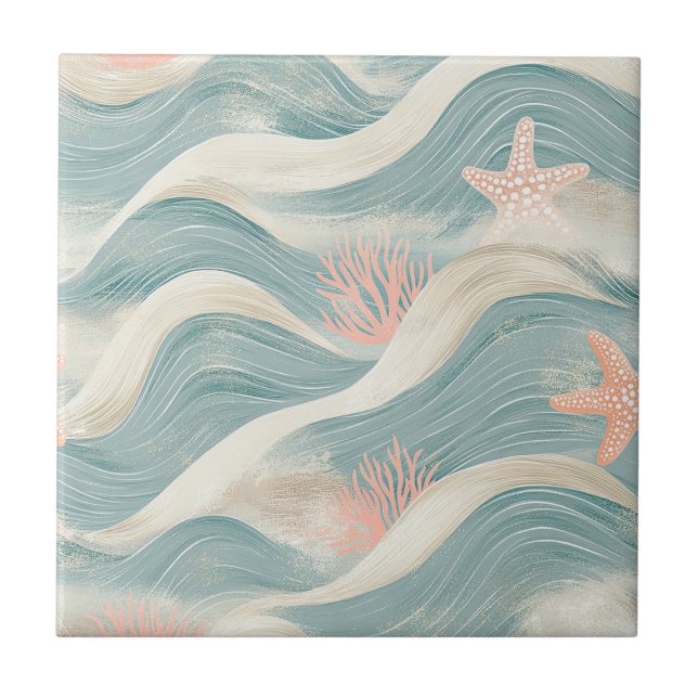Coastal Starfish on Aqua Sand Waves Pattern (8) Ceramic Tile (Front)