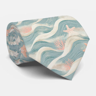 Coastal Starfish on Aqua Sand Waves Pattern (8) Neck Tie