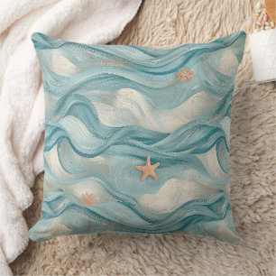 Coastal Starfish on Aqua Sand Waves Pattern (9) Throw Pillow