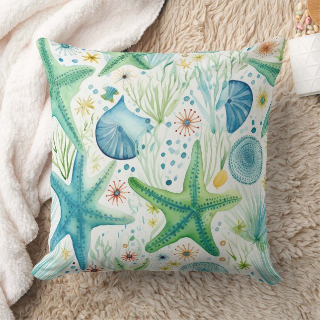 Coastal Starfish Pattern  Throw Pillow (Blanket)