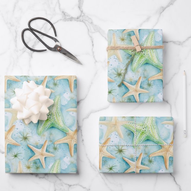Coastal Starfish Pattern  Wrapping Paper Sheets (Front)
