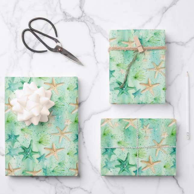Coastal Starfish Pattern  Wrapping Paper Sheets (Front)