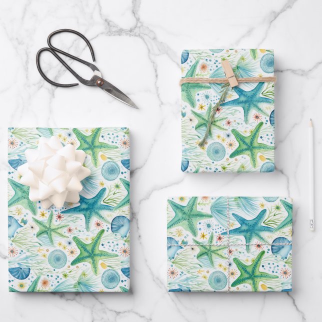 Coastal Starfish Pattern  Wrapping Paper Sheets (Front)