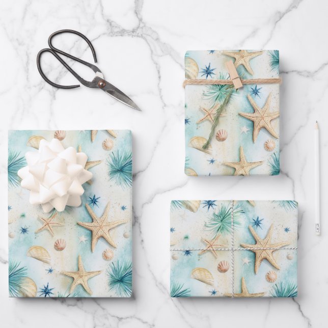 Coastal Starfish Pattern  Wrapping Paper Sheets (Front)