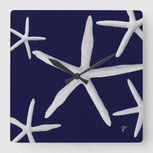 Coastal Starfish Sealife Navy Blue Tropical Beach  Square Wall Clock