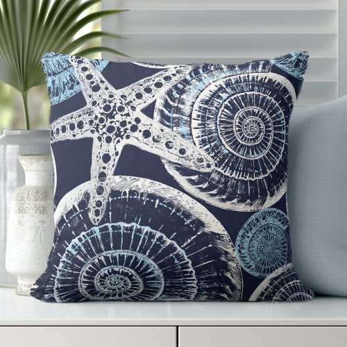 Coastal Starfish Shell Blue White Throw Pillow