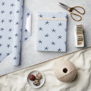 Coastal Starfish & Stripe Mediterranean Navy Wrapping Paper