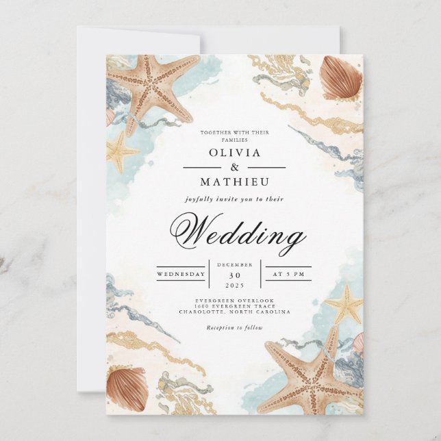 Coastal Starfish Watercolor Beach Wedding Invitation (Front)