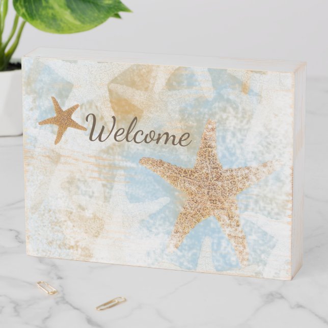 Coastal Starfish Welcome Wooden Box Sign (In Situ Horizontal)