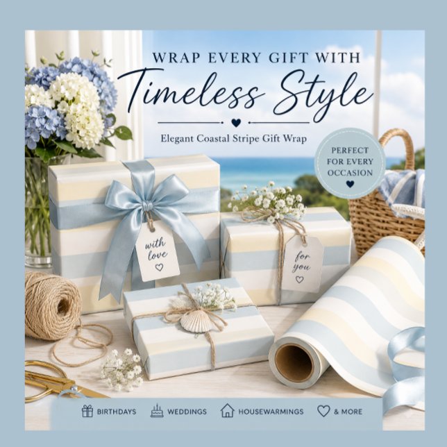 Coastal Stripe Gift Wrap Roll | Hamptons Style  (Elegant coastal stripe gift wrap for birthdays, weddings, housewarmings and thoughtful gifts.)