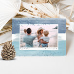 Coastal Stripe Holiday Photo Card<br><div class="desc">Chic coastal style holiday card adds nautical flair to your Christmas greetings. Perfect for sharing a vacation photo, or for families who live in coastal, tropical, warm weather or island locales, this elegant design features your favorite horizontal or landscape oriented photo on a background of blue and sea green watercolor...</div>