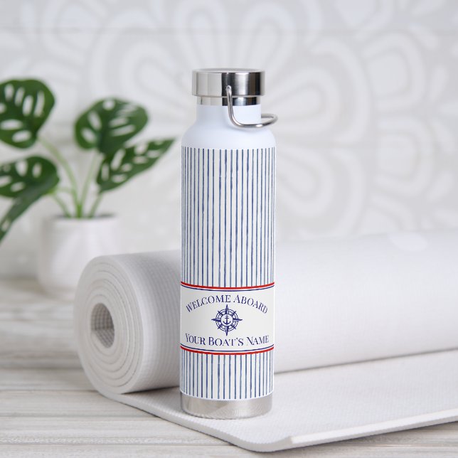 Coastal Stripe Monogram Boat Name Design Water Bottle (Yoga)