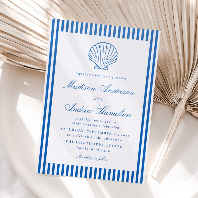 Coastal Stripes Seashell Wedding Letterpress Invitation (Creator Uploaded)