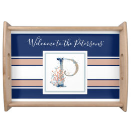 Coastal style beautiful navy pink coral serving tray