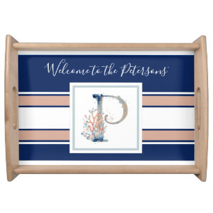 Coastal style beautiful navy pink coral  serving tray