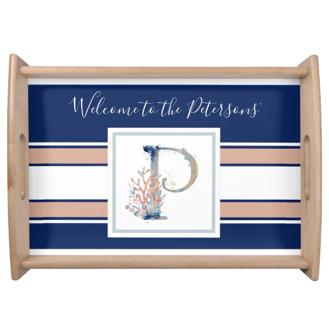 Coastal style beautiful navy pink coral  serving tray (Front)