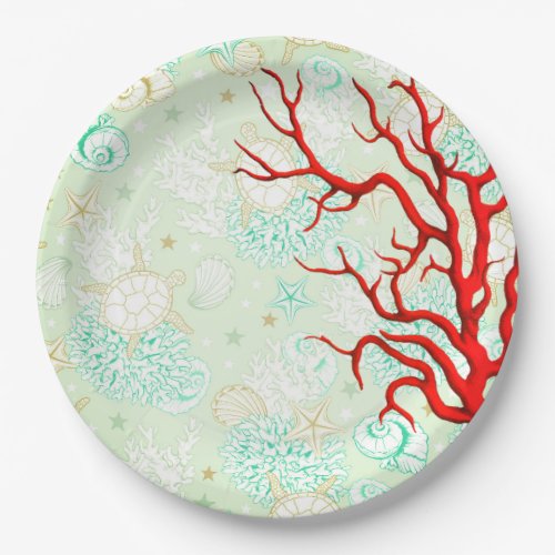 Coastal style beautiful turquoise red coral paper plates