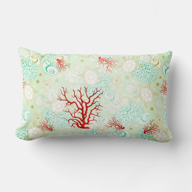 Coastal style beautiful turquoise teal red coral  lumbar pillow (Front)