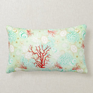 Coastal style beautiful turquoise teal red coral lumbar pillow