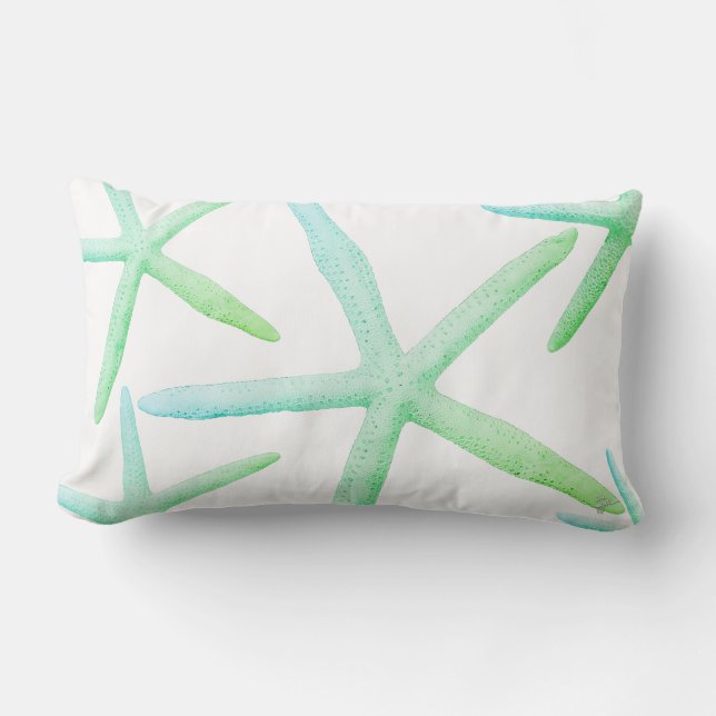 Coastal Style Trendy Starfish Blue Green Beach Lumbar Pillow (Front)