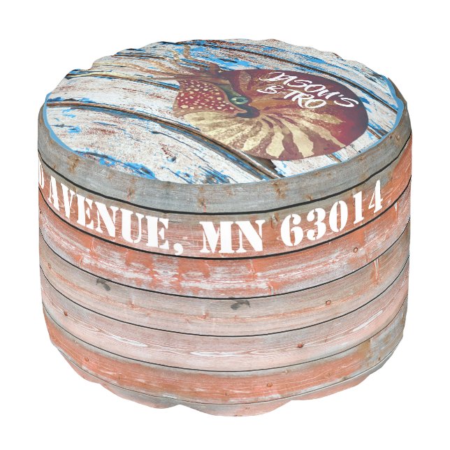 Coastal style Watercolor nautilus distressed red Pouf (Angled Front)