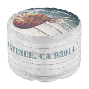Coastal style Watercolor nautilus distressed wood Pouf