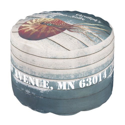 Coastal style Watercolor nautilus distressed wood  Pouf