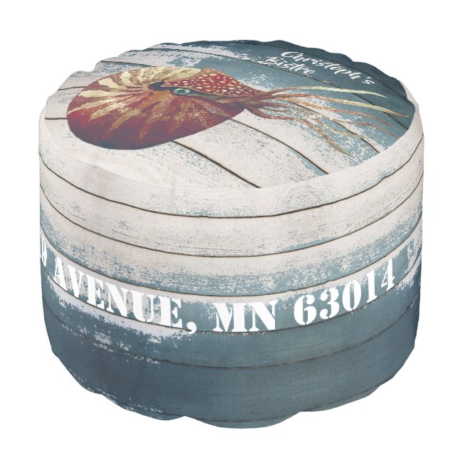 Coastal style Watercolor nautilus distressed wood  Pouf