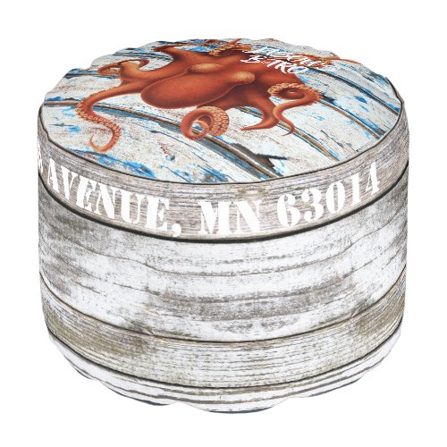 Coastal style Watercolor octopus distressed wood Pouf