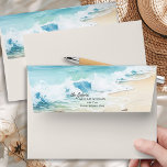 Coastal Summer Beach Wedding Invitation Cream Envelope<br><div class="desc">Beach themed wedding invitation envelope with your return name and address on the back flap. Design features watercolor scene of a gorgeous blue ocean lapping the sand of beautiful beach. Modern lettering with casual, handwritten style script. Perfect for a beach wedding, coastal wedding, summer wedding, sea wedding, nautical wedding, tropical...</div>