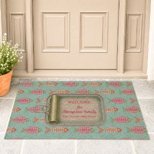 Coastal Summer Fish Tin Custom Name Fiber Doormat