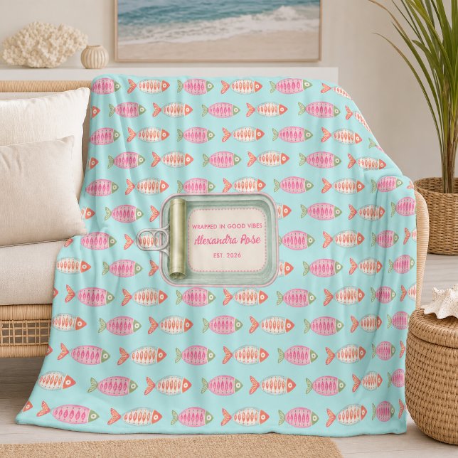 Coastal Summer Fish Tin Custom Name Fleece Blanket (Creator Uploaded)